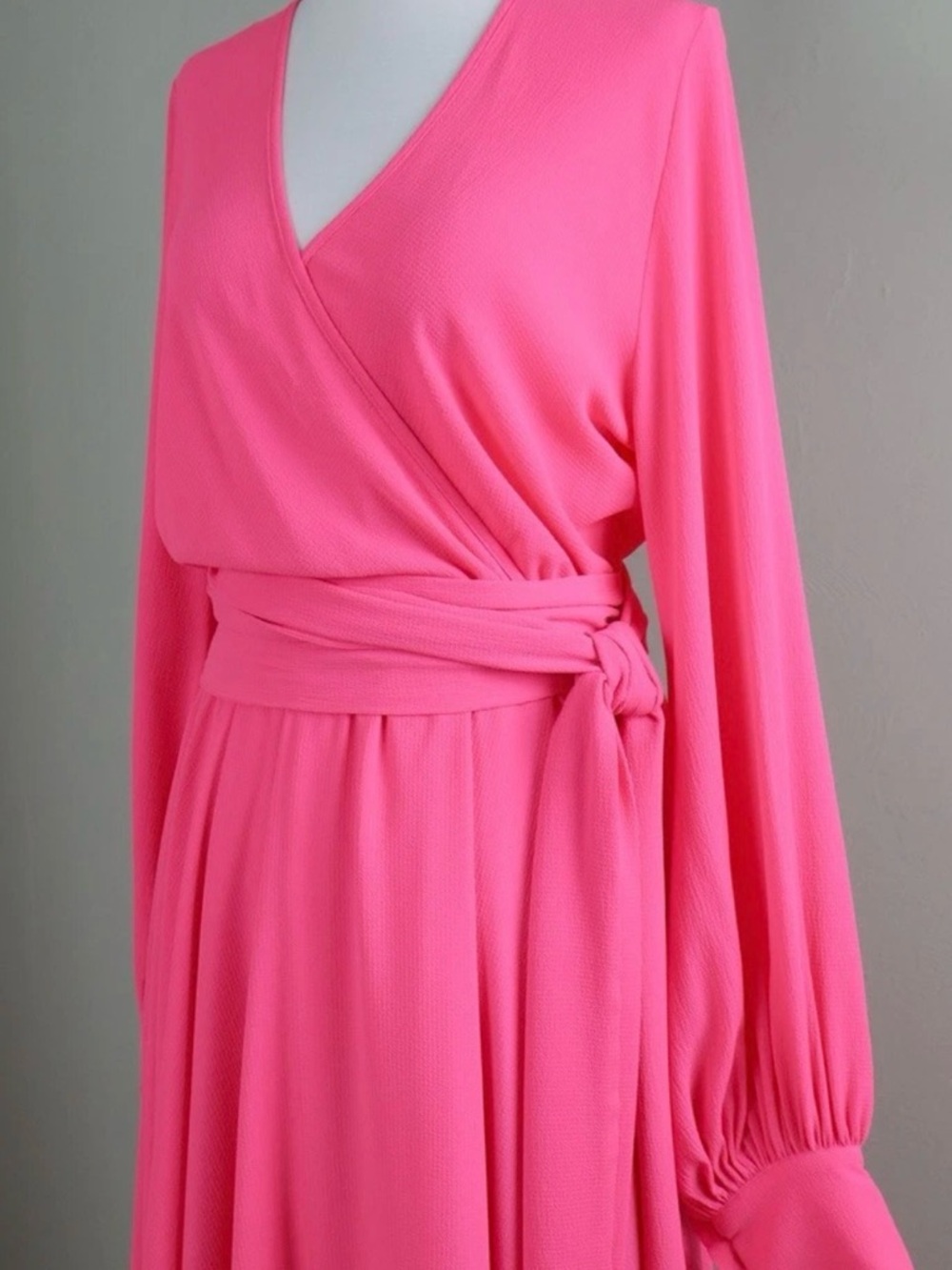 MEGHAN LA Lilypad Midi Wrap Dress Hot Fluorescent‎ Highlighter Neon Pink Size L - Picture 14 of 14